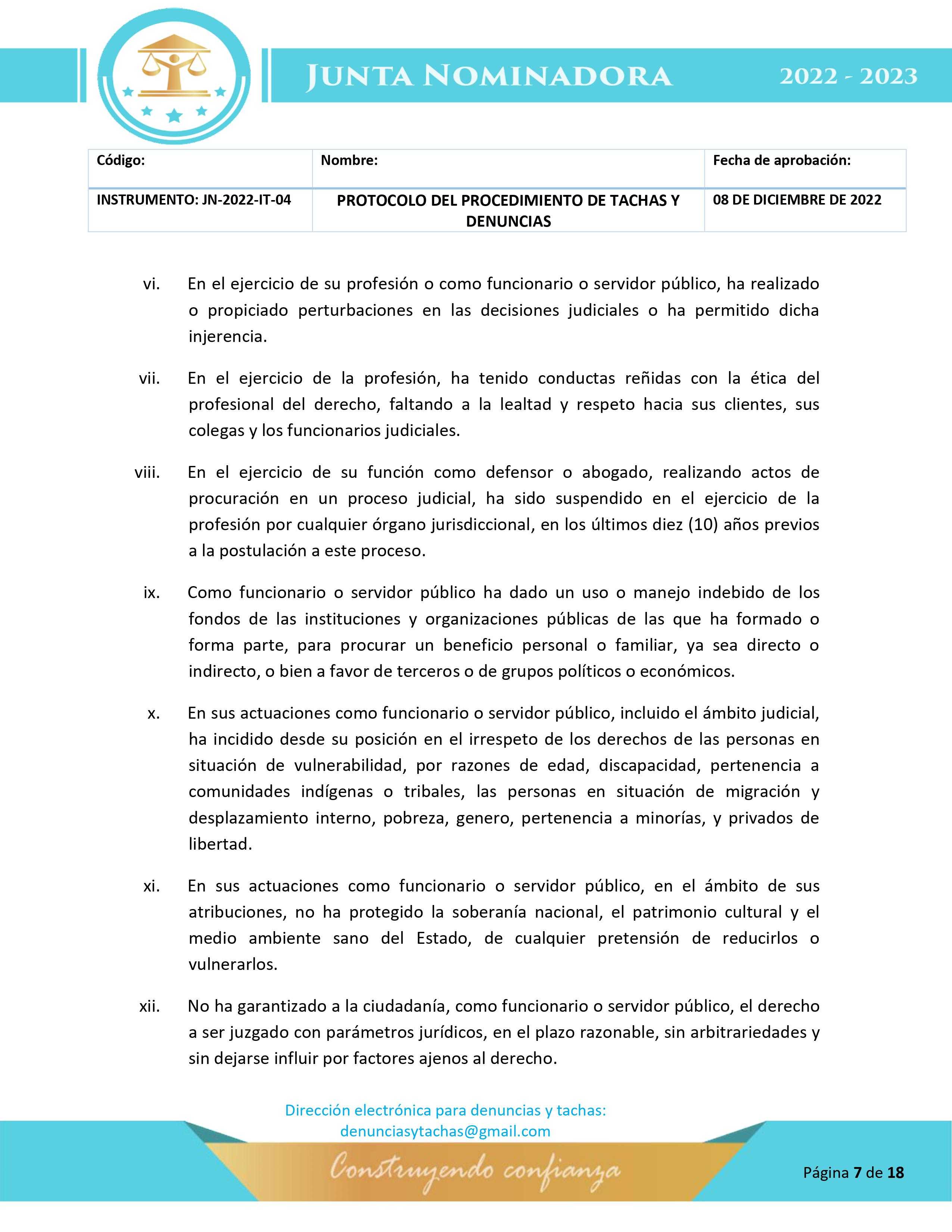 Protocolo para la etapa de tachas y denuncias